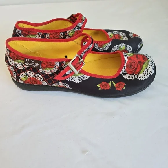 Hot Chocolate - Chocolaticas Mary‎ Jane Flats Rose Lace Print Buckle Shoes 7.5 - Picture 8 of 11
